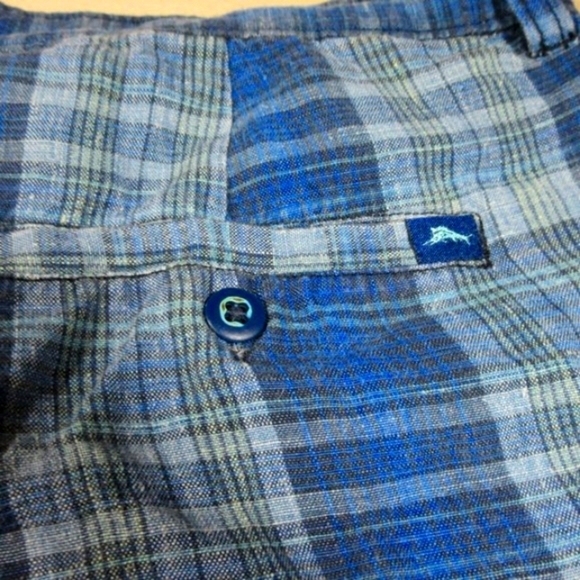 Tommy Bahama mens blue black teal plaid 100% linen shorts 34 EUC - Picture 4 of 4